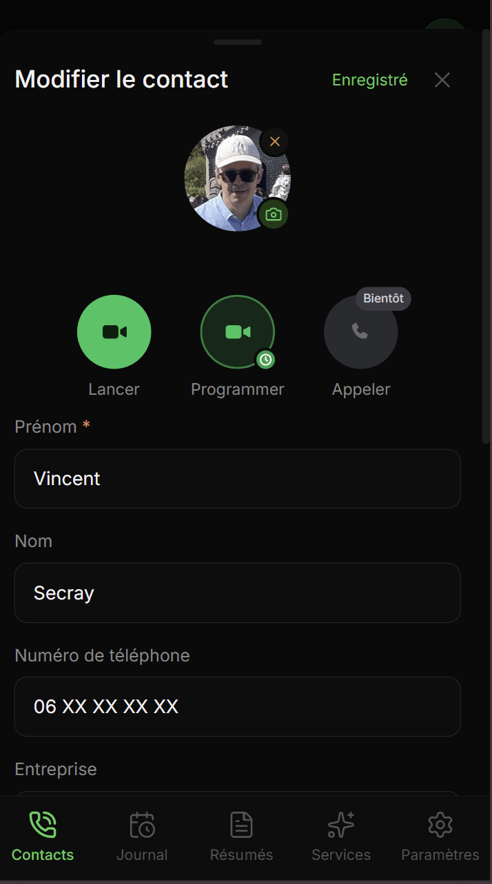 Écran Tacite permettant de lancer un appel Tacite Direct avec un contact